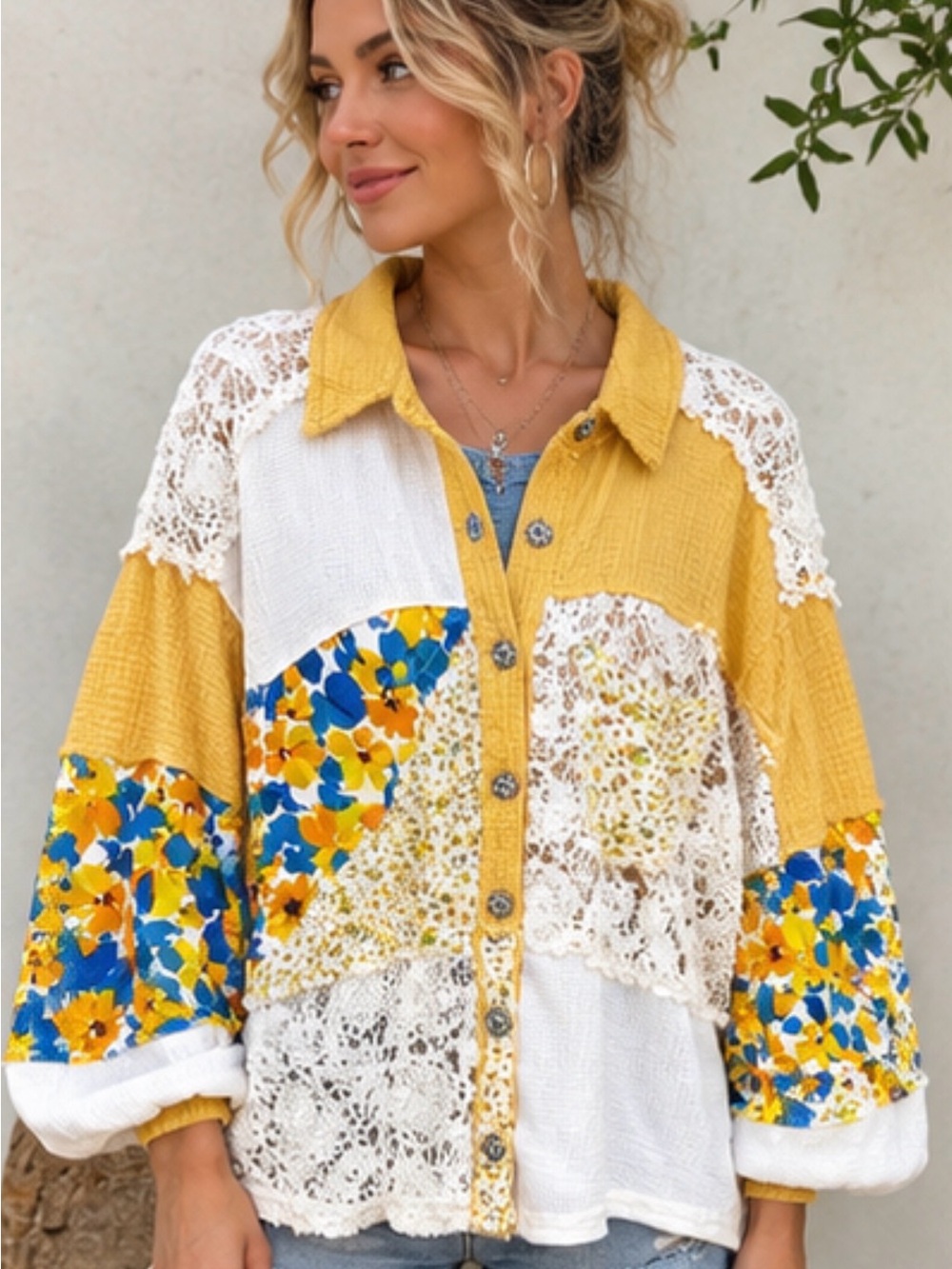 POL Yellow Floral Crochet Patchwork Button Up Top M Oversized